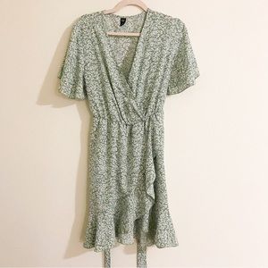 Green Floral Dress With Wrap-Around Tie